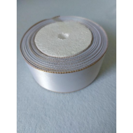 Лента атласная с золот.люрексом/ ш.40мм/ цв.белый/ 22,8 м в рулоне